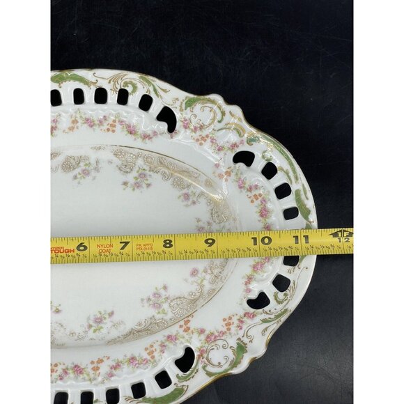 MONTMERY ST CLOUD SERVING PLATTER TRAY DISH RETICULATED FLORAL GOLD GREEN ANTIQ - Picture 11 of 12